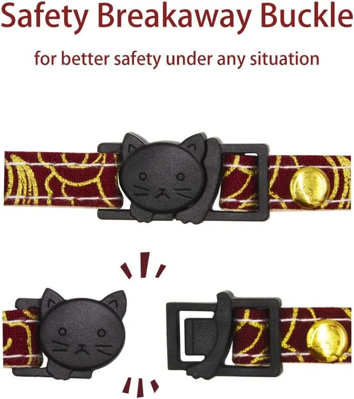 2 PACK Breakaway Cat Collar with Bells & Koinobori Japanese Cat Collar Soft Adjustable Cotton & Leather Kitten Collars for Girl Boy Male Female Cats Kitten