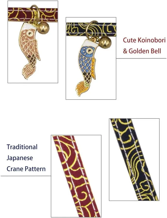 2 PACK Breakaway Cat Collar with Bells & Koinobori Japanese Cat Collar Soft Adjustable Cotton & Leather Kitten Collars for Girl Boy Male Female Cats Kitten