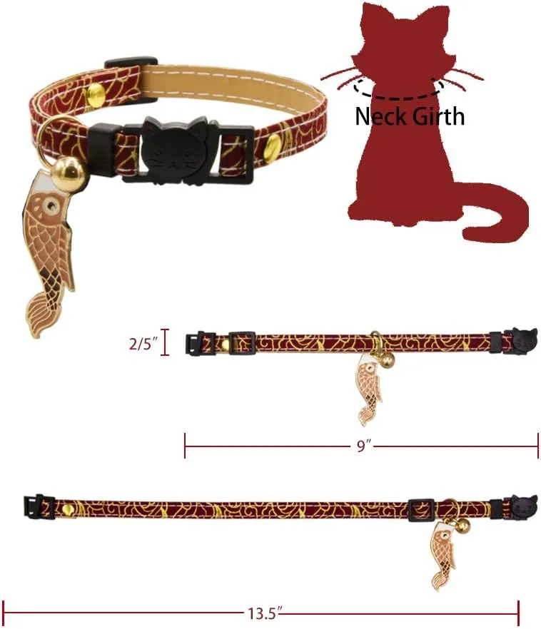 2 PACK Breakaway Cat Collar with Bells & Koinobori Japanese Cat Collar Soft Adjustable Cotton & Leather Kitten Collars for Girl Boy Male Female Cats Kitten