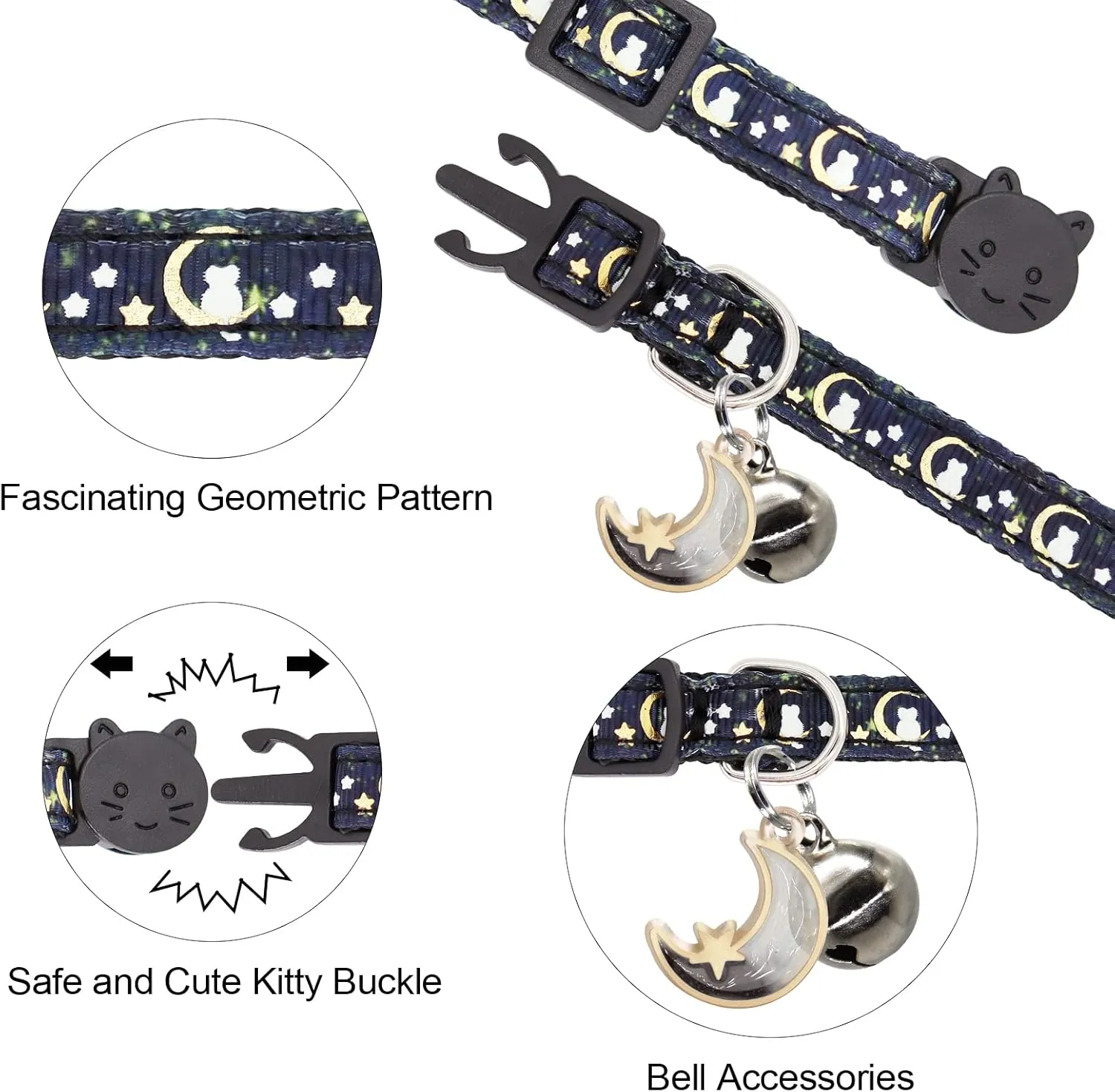 2 Pack Breakaway Cat Collar with Bells,Adjustable Moon and Star Kitten Safety Collars for Boys & Girls,Black Purple