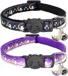 2 Pack Breakaway Cat Collar with Bells,Adjustable Moon and Star Kitten Safety Collars for Boys & Girls,Black Purple