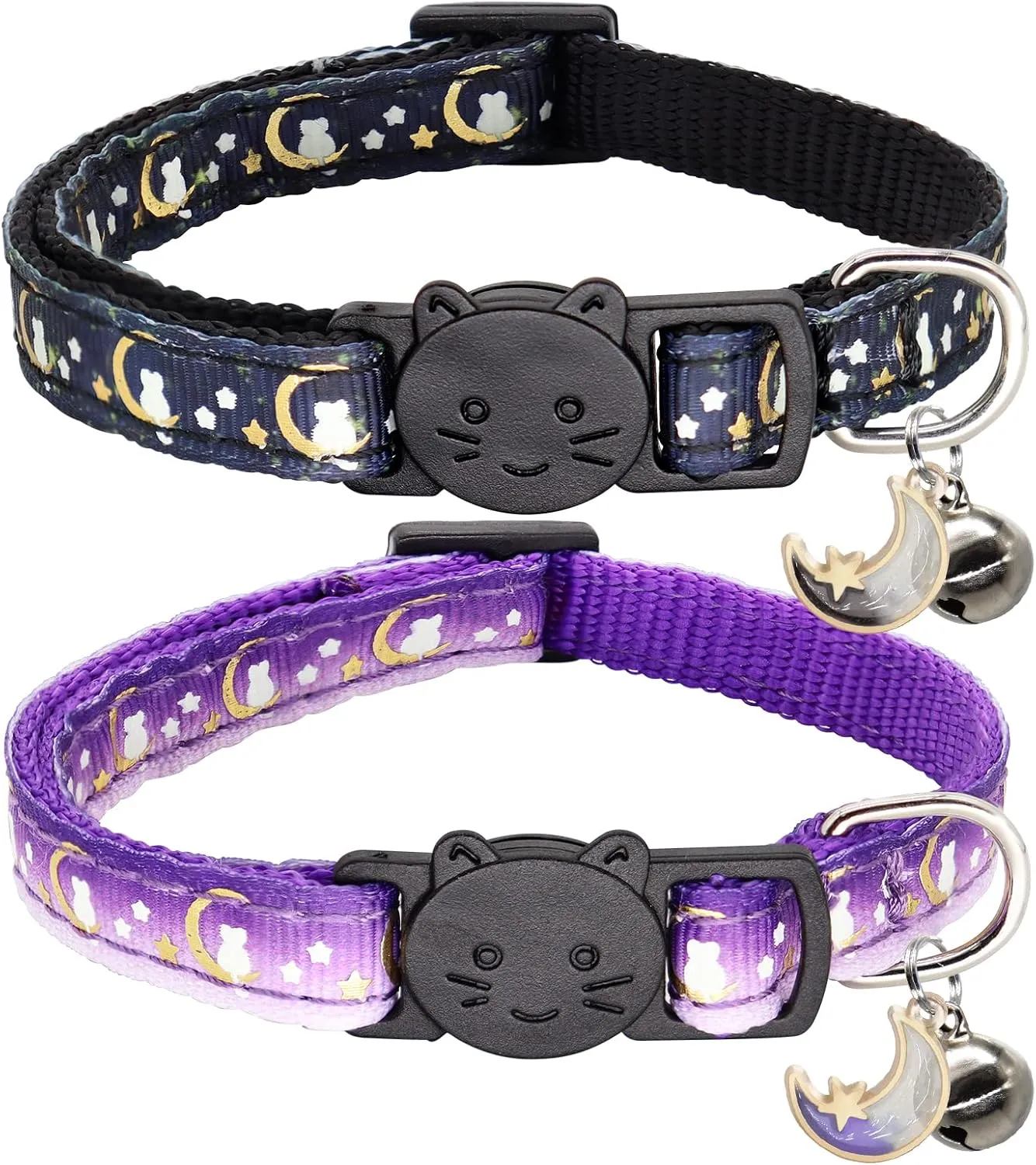 2 Pack Breakaway Cat Collar with Bells,Adjustable Moon and Star Kitten Safety Collars for Boys & Girls,Black Purple