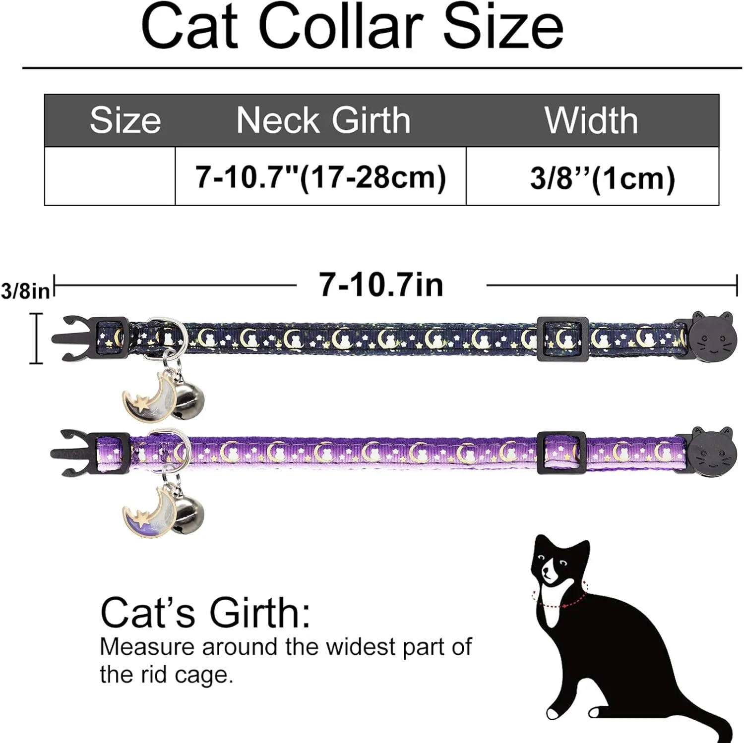 2 Pack Breakaway Cat Collar with Bells,Adjustable Moon and Star Kitten Safety Collars for Boys & Girls,Black Purple