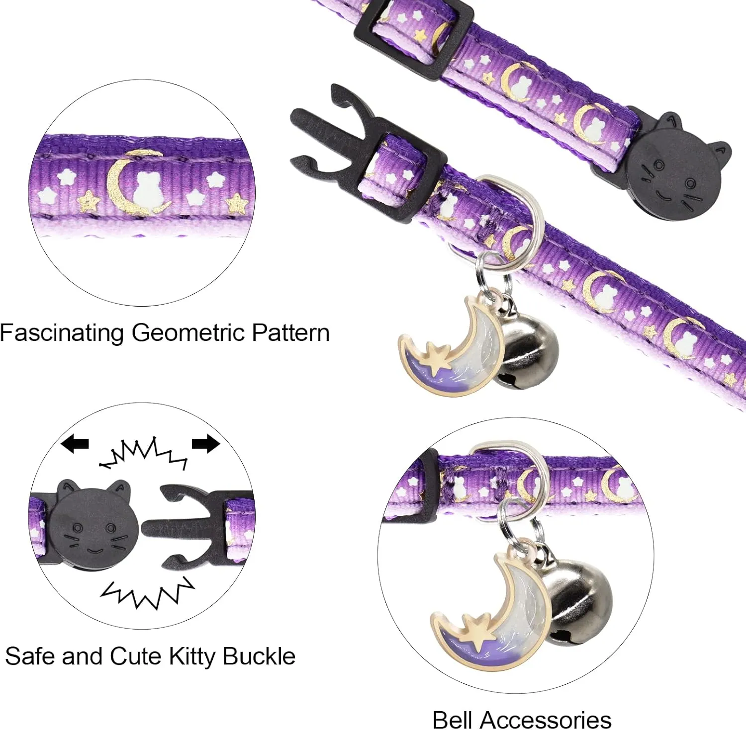2 Pack Breakaway Cat Collar with Bells,Adjustable Moon and Star Kitten Safety Collars for Boys & Girls,Black Purple