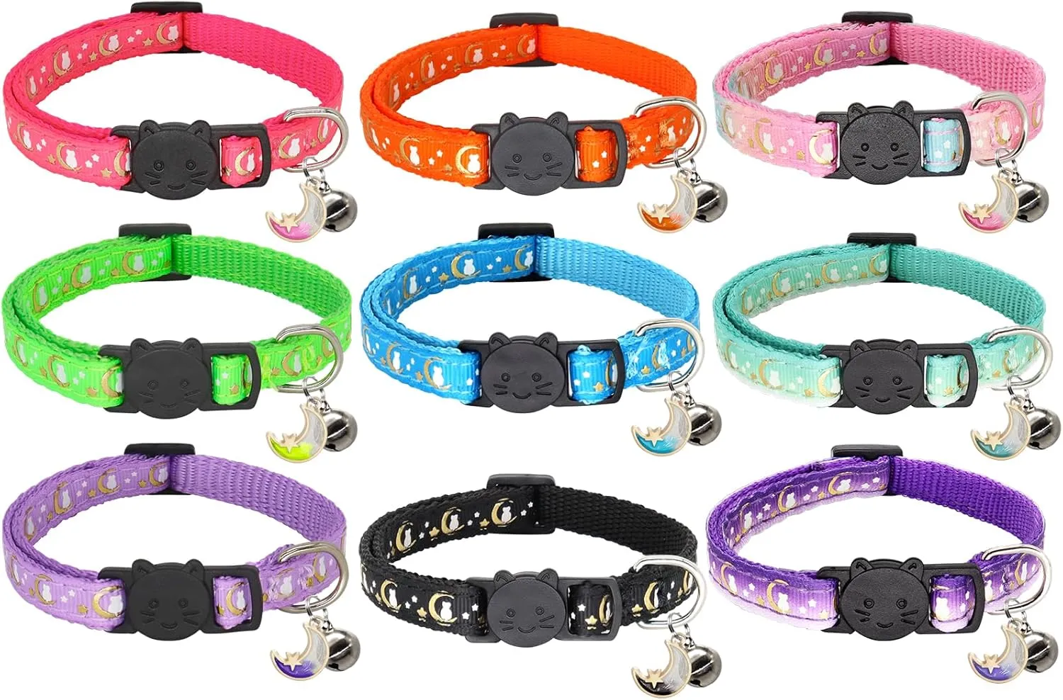 2 Pack Breakaway Cat Collar with Bells,Adjustable Moon and Star Kitten Safety Collars for Boys & Girls,Black Purple