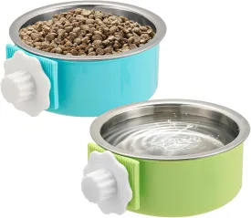 2 Pieces Crate Dog Bowl, Removable Stainless Steel Pet Kennel Hanging Food Water Feeder Bowl Cage Coop Cup for Puppy Medium Dog Cat Rabbit Ferret Bird (Blue,Green)