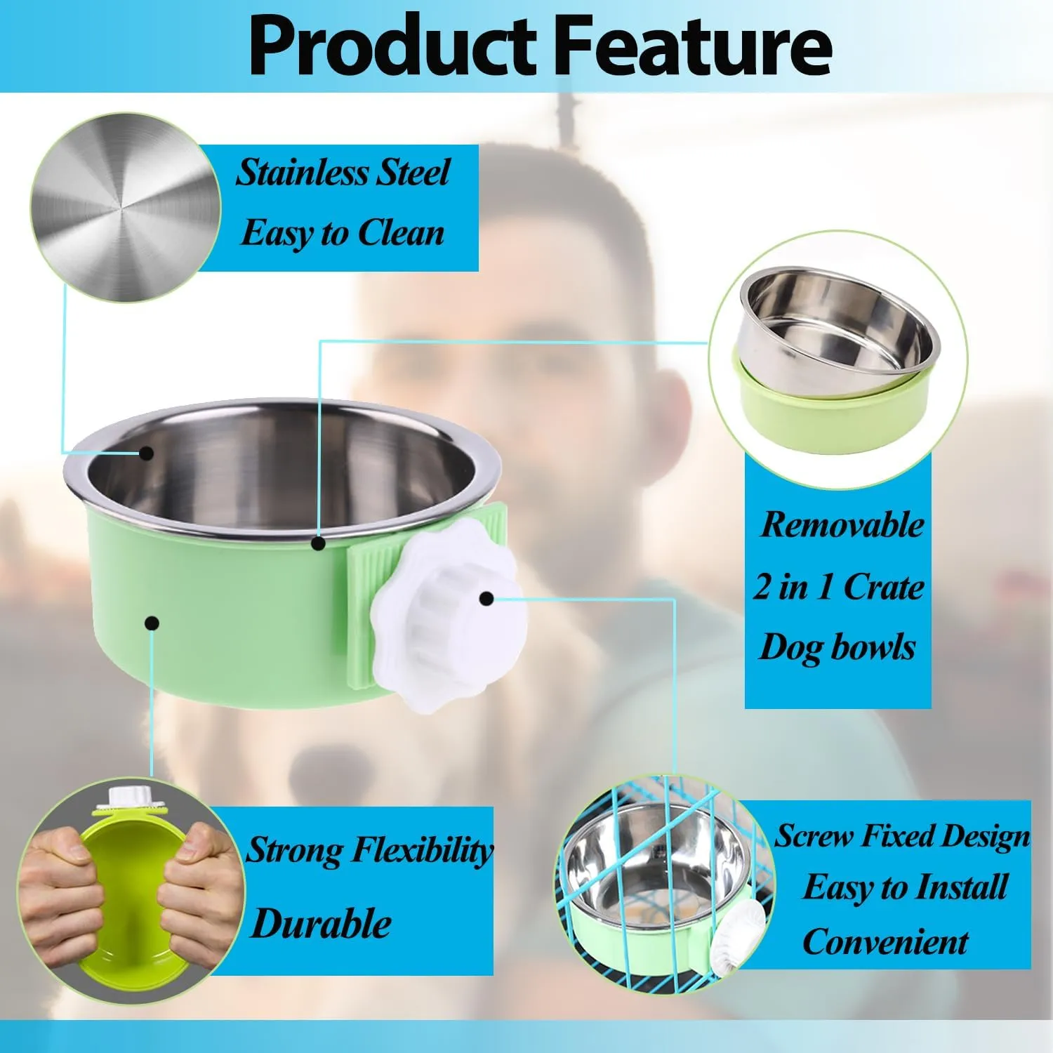 2 Pieces Crate Dog Bowl, Removable Stainless Steel Pet Kennel Hanging Food Water Feeder Bowl Cage Coop Cup for Puppy Medium Dog Cat Rabbit Ferret Bird (Blue,Green)