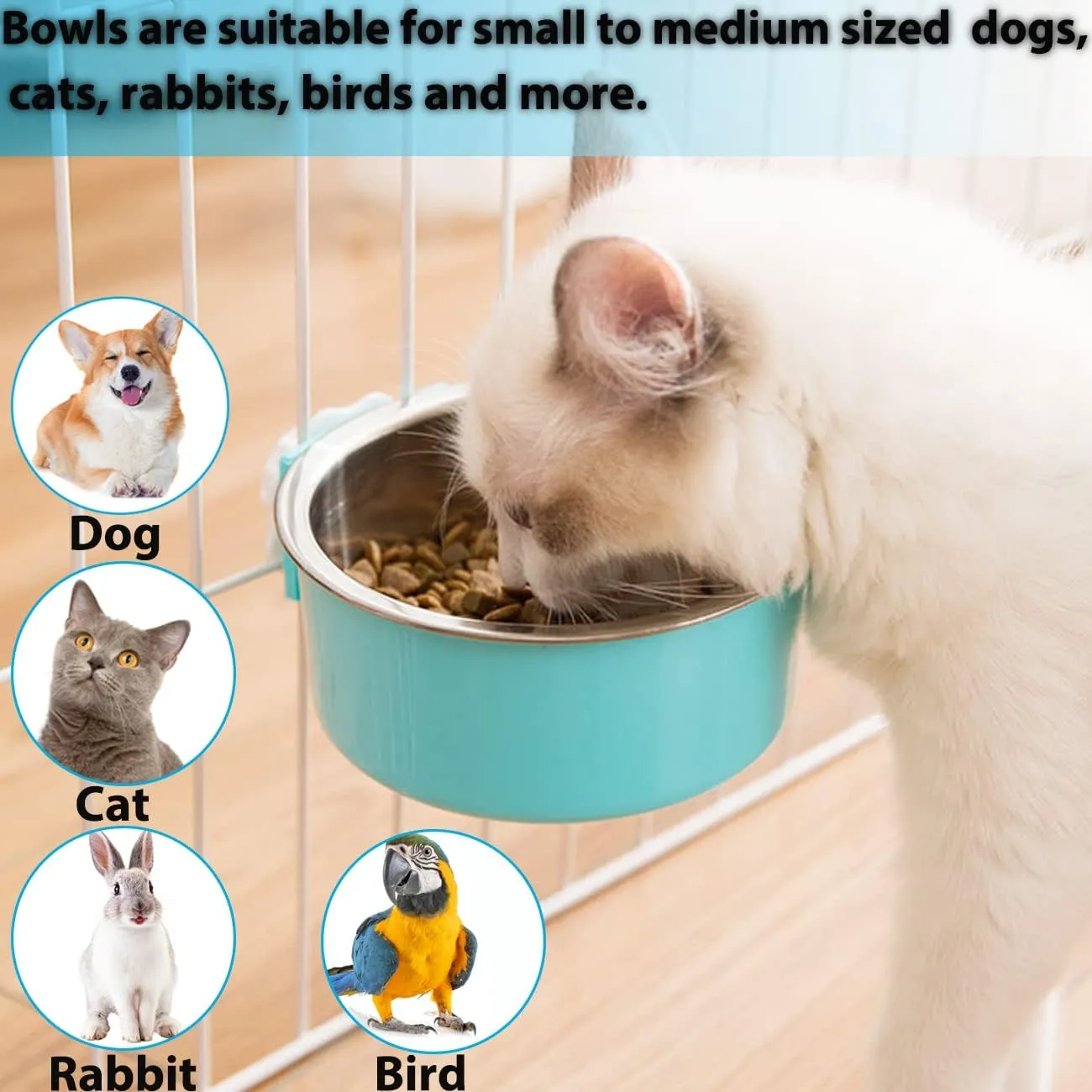 2 Pieces Crate Dog Bowl, Removable Stainless Steel Pet Kennel Hanging Food Water Feeder Bowl Cage Coop Cup for Puppy Medium Dog Cat Rabbit Ferret Bird (Blue,Green)
