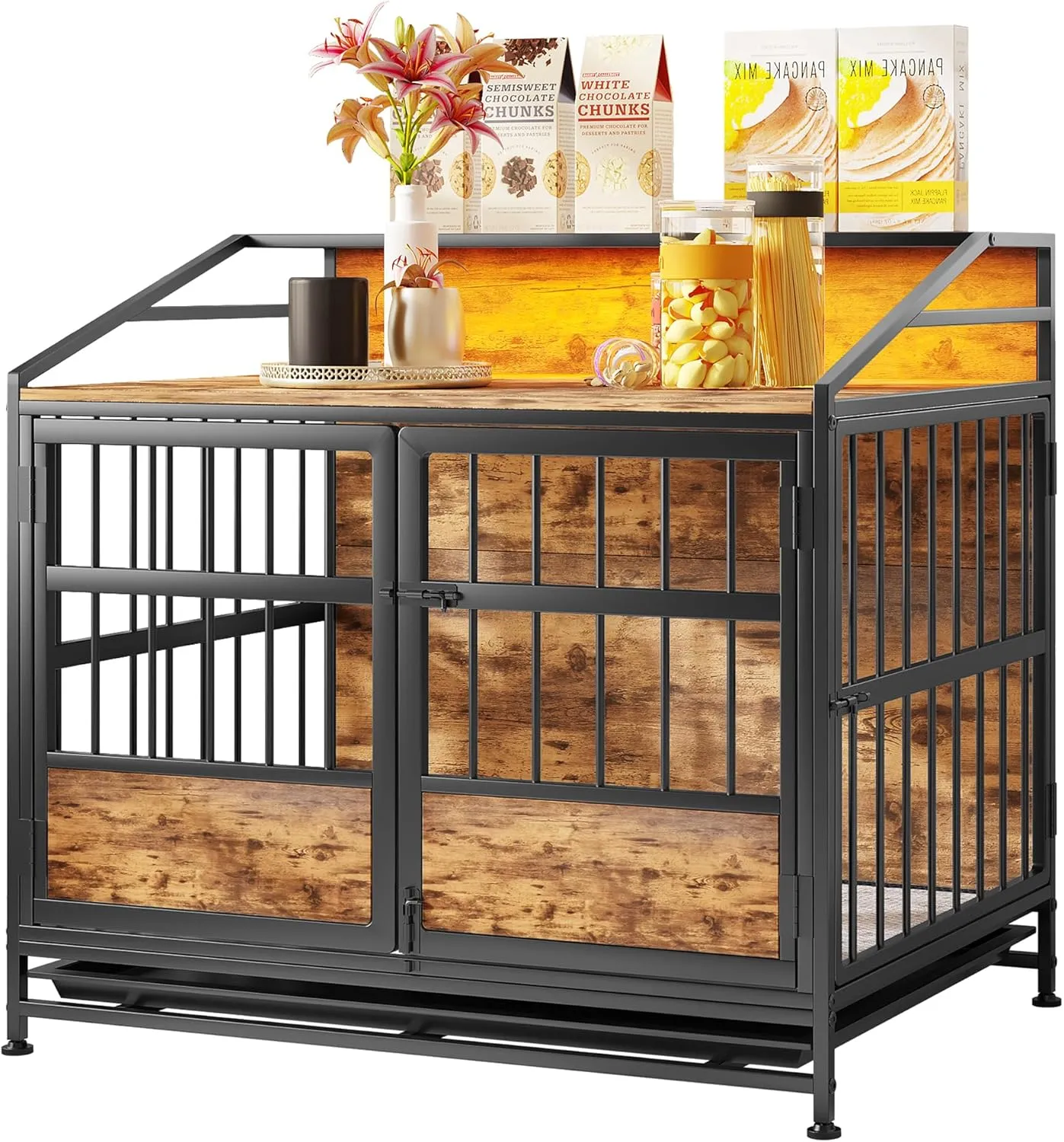 31.5 Inch Dog Crate Furniture with LED Lights and Shelf for Small Medium Dogs, Wooden Heavy Duty Dog Kennel with Double Doors and Removable Tray,Decorative Pet House Dog Cage End Table Coffee Tables