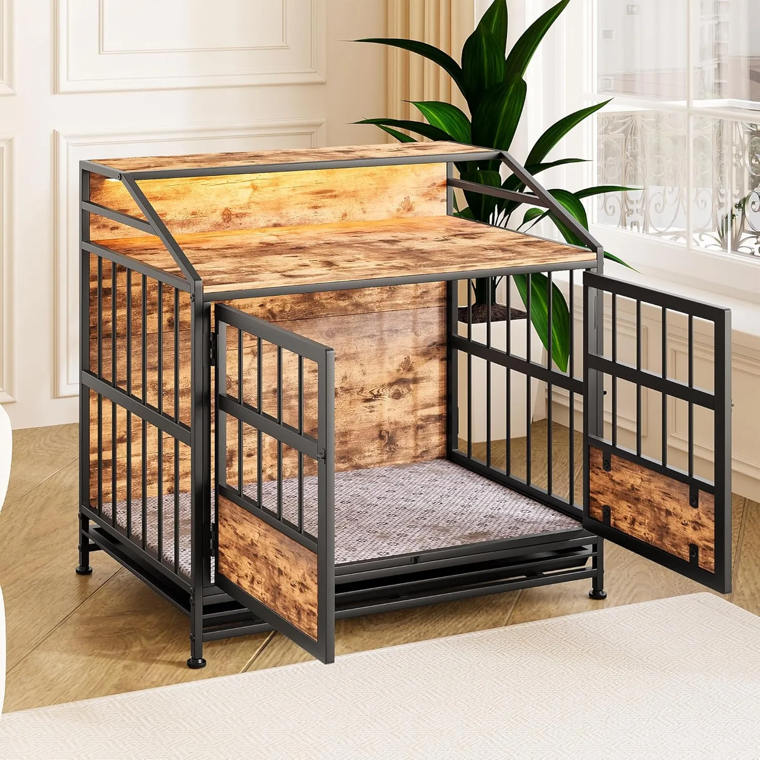 31.5 Inch Dog Crate Furniture with LED Lights and Shelf for Small Medium Dogs, Wooden Heavy Duty Dog Kennel with Double Doors and Removable Tray,Decorative Pet House Dog Cage End Table Coffee Tables