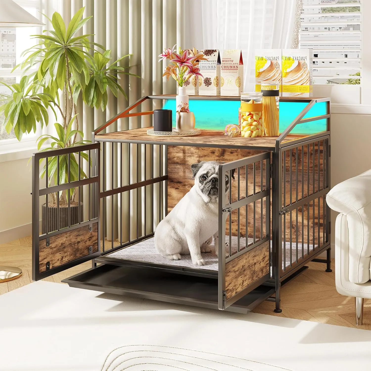 31.5 Inch Dog Crate Furniture with LED Lights and Shelf for Small Medium Dogs, Wooden Heavy Duty Dog Kennel with Double Doors and Removable Tray,Decorative Pet House Dog Cage End Table Coffee Tables