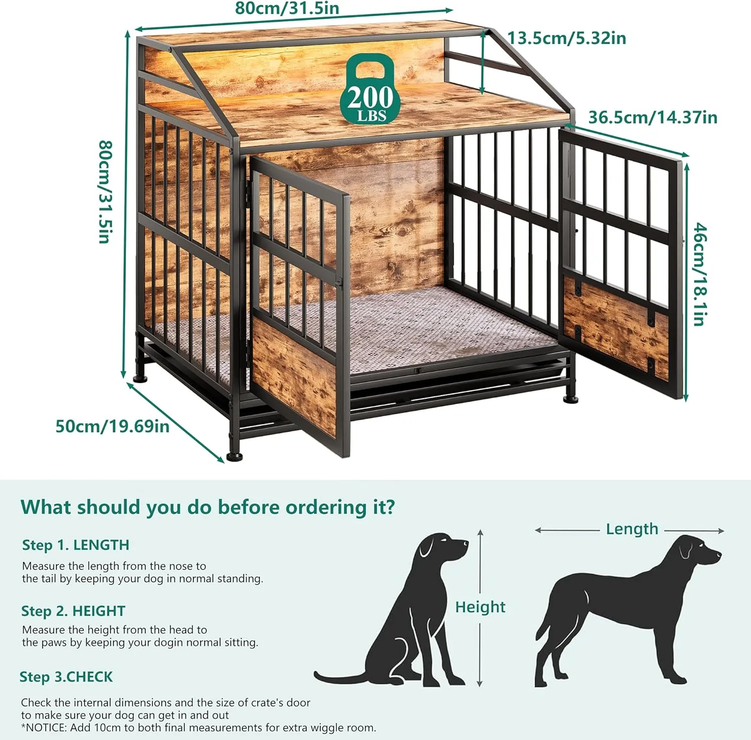 31.5 Inch Dog Crate Furniture with LED Lights and Shelf for Small Medium Dogs, Wooden Heavy Duty Dog Kennel with Double Doors and Removable Tray,Decorative Pet House Dog Cage End Table Coffee Tables