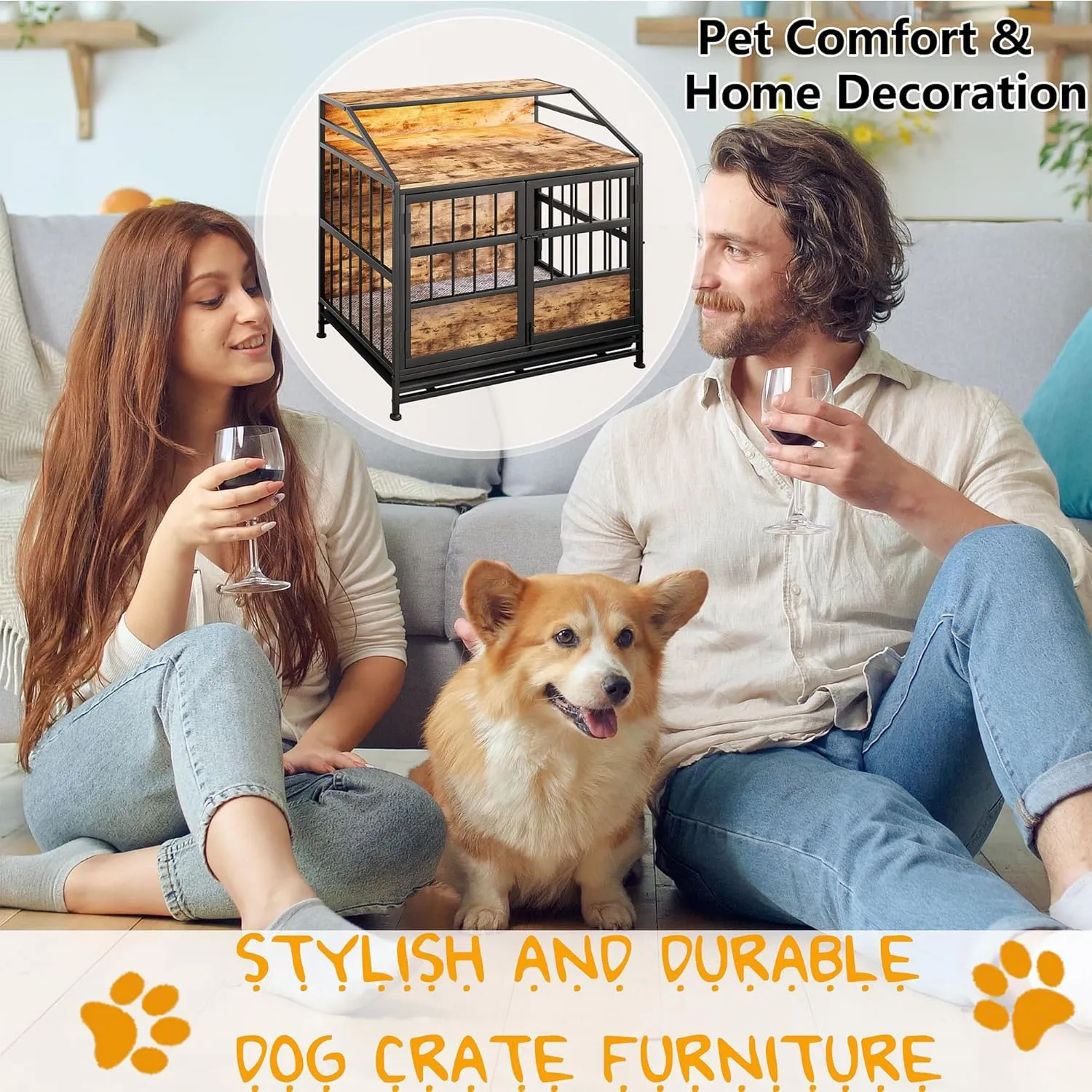 31.5 Inch Dog Crate Furniture with LED Lights and Shelf for Small Medium Dogs, Wooden Heavy Duty Dog Kennel with Double Doors and Removable Tray,Decorative Pet House Dog Cage End Table Coffee Tables
