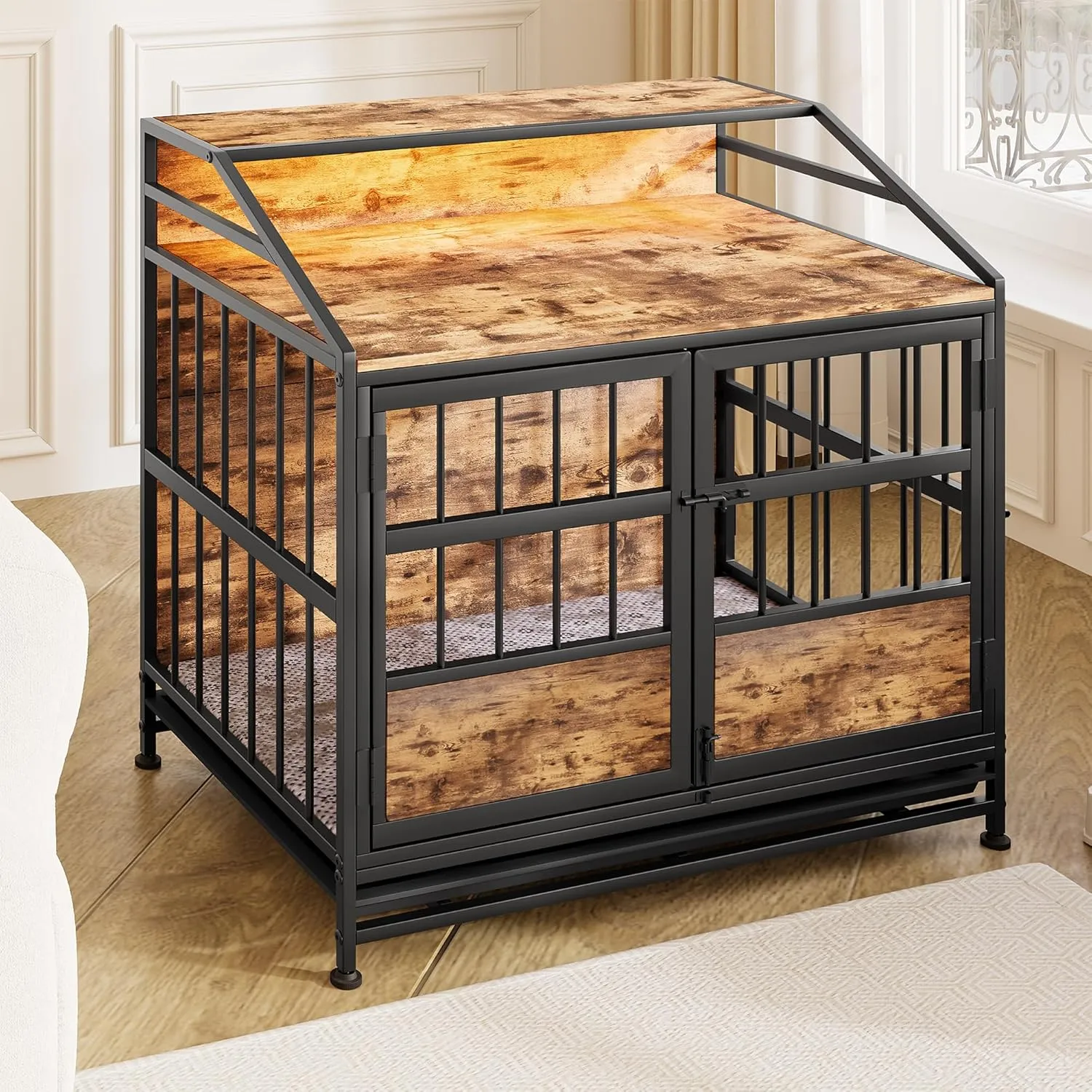31.5 Inch Dog Crate Furniture with LED Lights and Shelf for Small Medium Dogs, Wooden Heavy Duty Dog Kennel with Double Doors and Removable Tray,Decorative Pet House Dog Cage End Table Coffee Tables