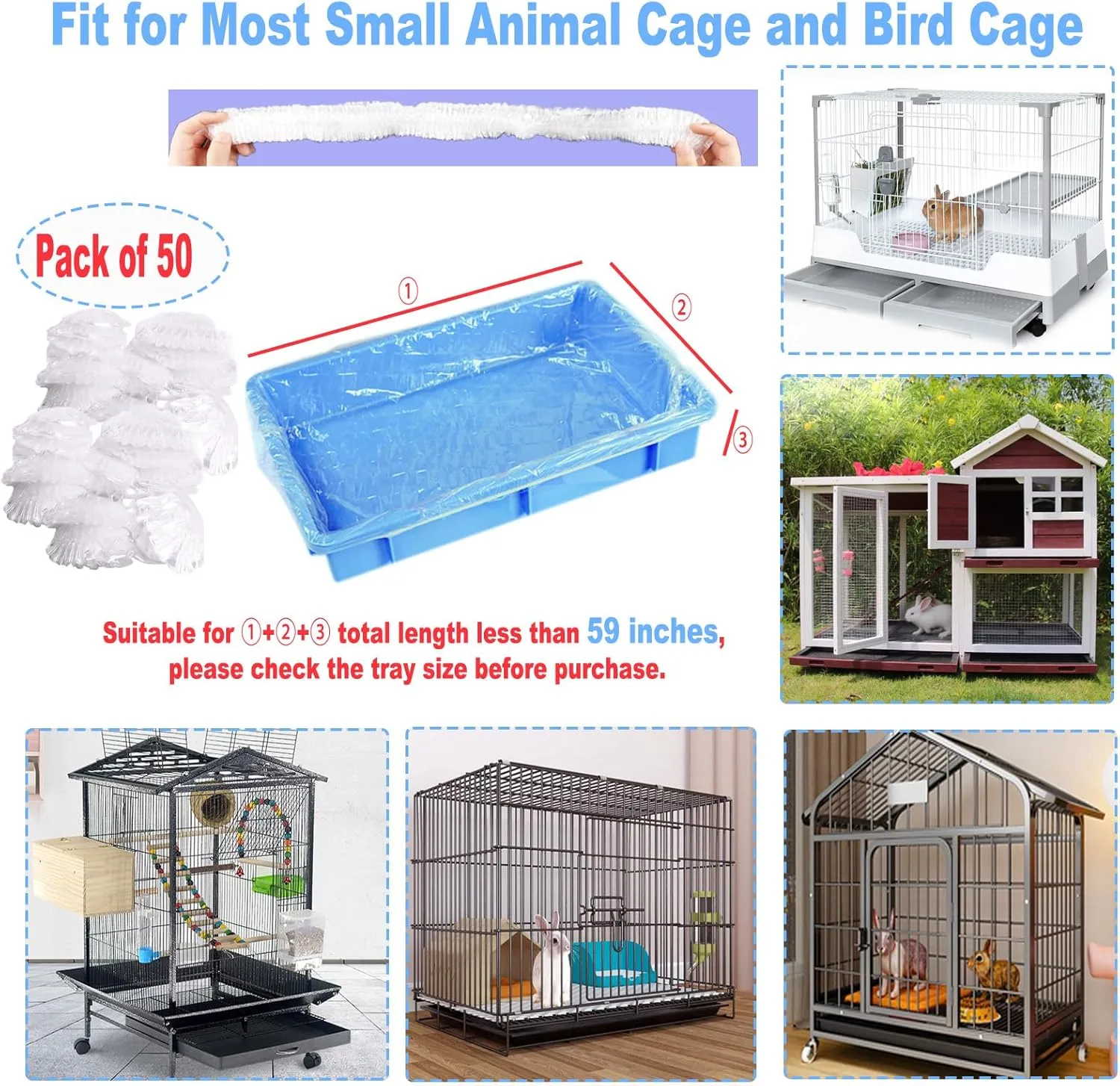 50Pcs Large Rabbit Cage Liner Disposable Bunny Cage Liner Bag 34'' X 22''- Clear Elastic Pet Toilet Film Small Animal Tray Covers for Bunnies Ferrets Chinchillas Birds - Leak Proof & No Mess