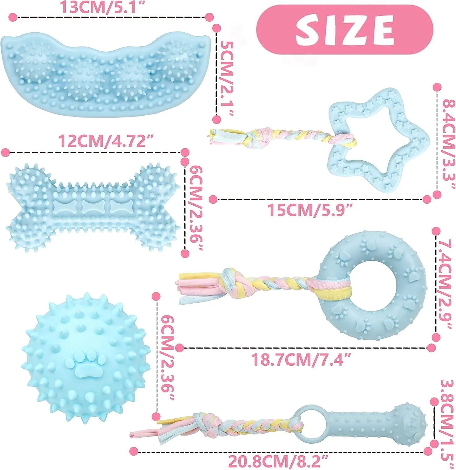 6 Pack Pet Dog Puppy Chew Toys for Teething Small Dogs,Soft Natural Rubber Blue Interactive Dog Puppy Toys Fun Cleaning Squeaky,Funny Dog Chew Toys for Small Medium Breed