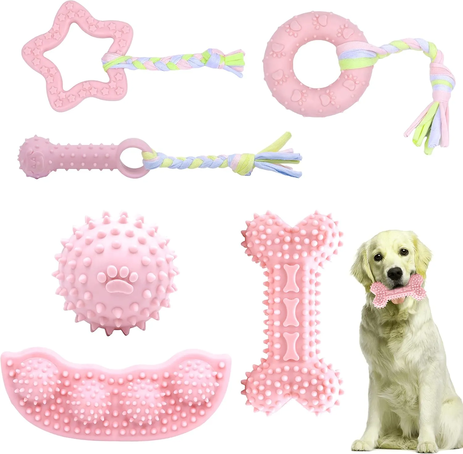 6 Pack Pet Dog Puppy Chew Toys for Teething Small Dogs,Soft Natural Rubber Pink Interactive Dog Puppy Toys Fun Cleaning Squeaky,Funny Dog Chew Toys for Small Medium Breed