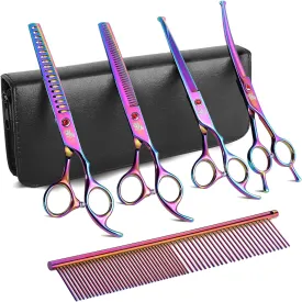 7" Multicolour Dog Grooming Kit - Premium Japanese 440C Stainless Steel Straight Scissors, Thinning Shears, Curved Scissors, Chunker Shears with Steel Comb