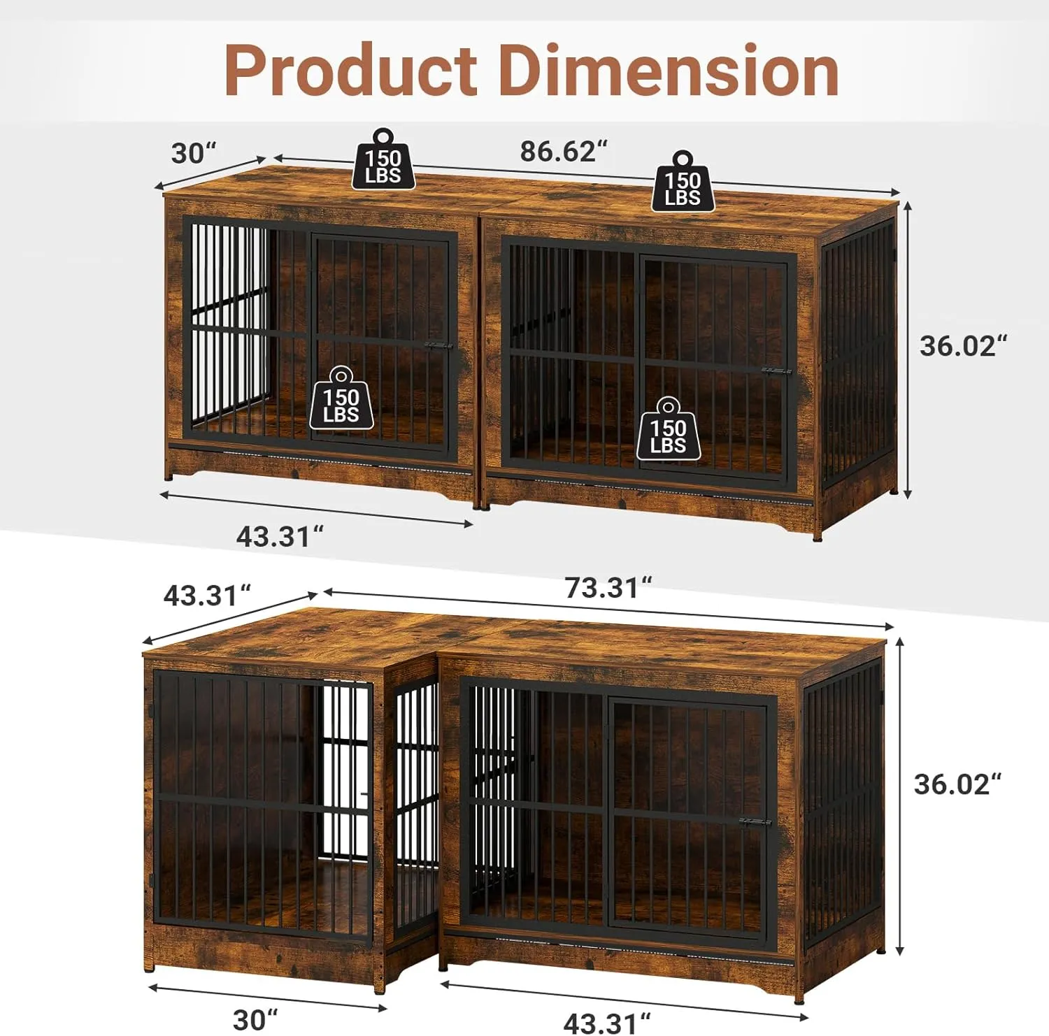 86 Inch Double Dog Crate Furniture with Divider, 4 Combination Forms Large Dog Kennel Furniture for 2 Dogs, Rustic Brown Corner Dog Kennel for Small Medium Large Dogs