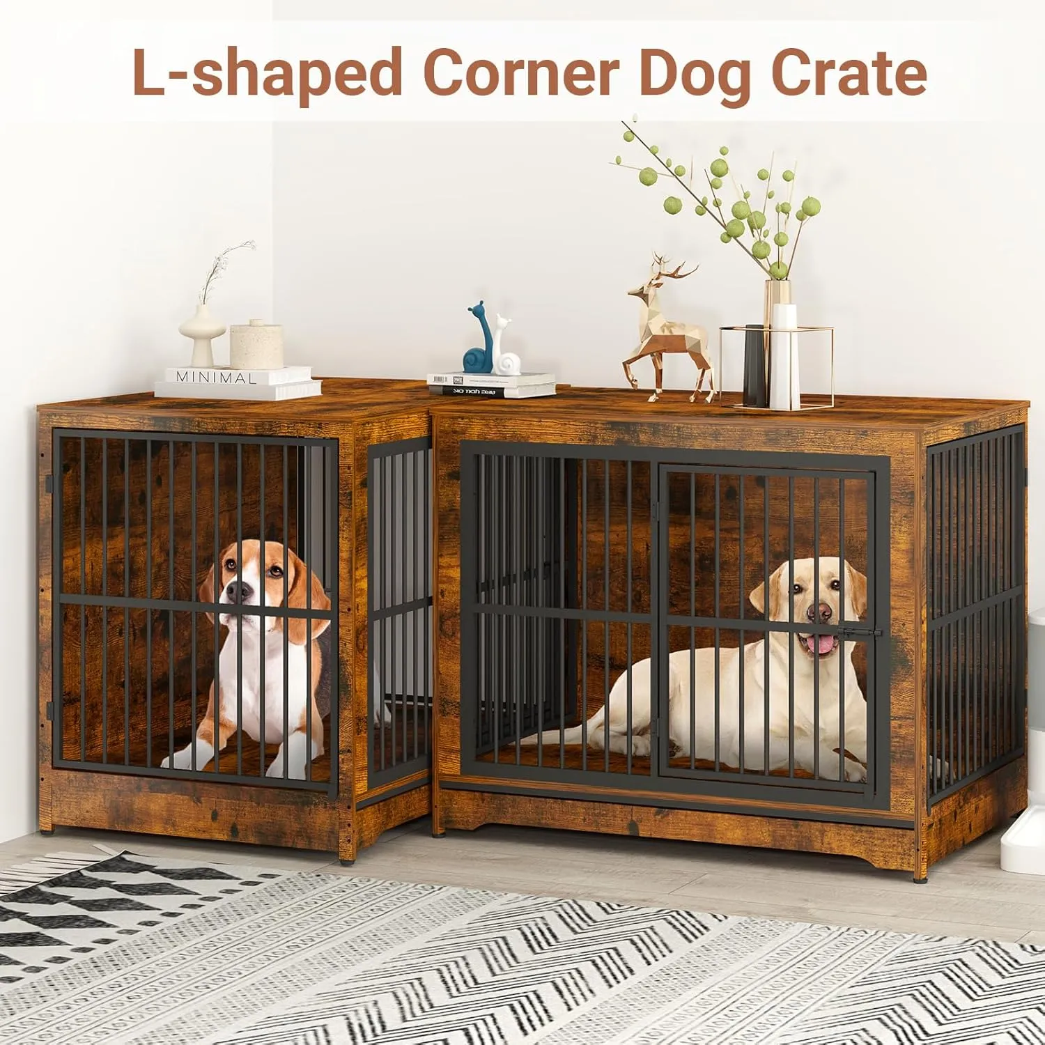 86 Inch Double Dog Crate Furniture with Divider, 4 Combination Forms Large Dog Kennel Furniture for 2 Dogs, Rustic Brown Corner Dog Kennel for Small Medium Large Dogs