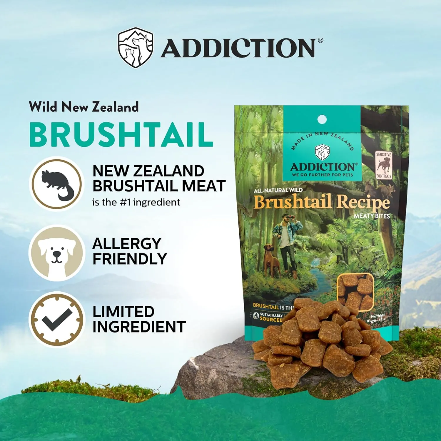 Addiction Meaty Bites - Hypoallergenic Dog Treats - Made in New Zealand - High Meat Content - Gluten and Grain-Free - Soft and Allergy Friendly Dog Treats (Brushtail, 4 ounces)