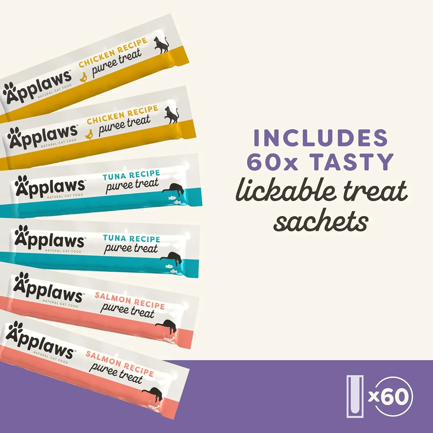 Applaws Lickable Cat Treats, Natural Grain-Free Pure, Limited Ingredient, Variety of Chicken, Tuna, & Salmon Squeeze Up Cat Treats (60 x 0.5 oz Sachets)