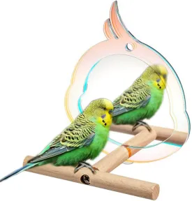 Bird Mirror with Perch Stand Interactive Toys Cages Accessories for Pet Parrot Parakeets Budgies Cockatiels Conures Lovebird Finch Canaries and Other Small Birds