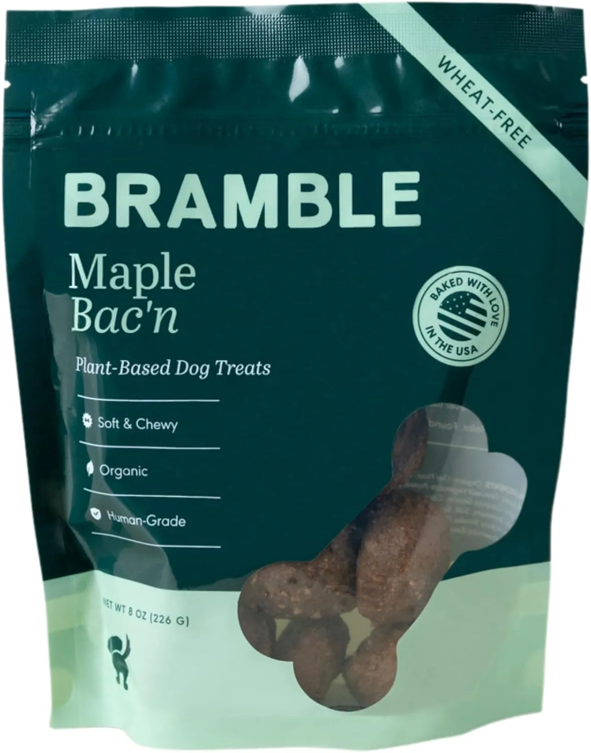 BRAMBLE Vegan Dog Treats. Plant-Based Treats for Dogs, Made with Real Ingredients, Soft & Chewy Dog Cookies. Wheat-Free. Maple Bac'n. 8 oz