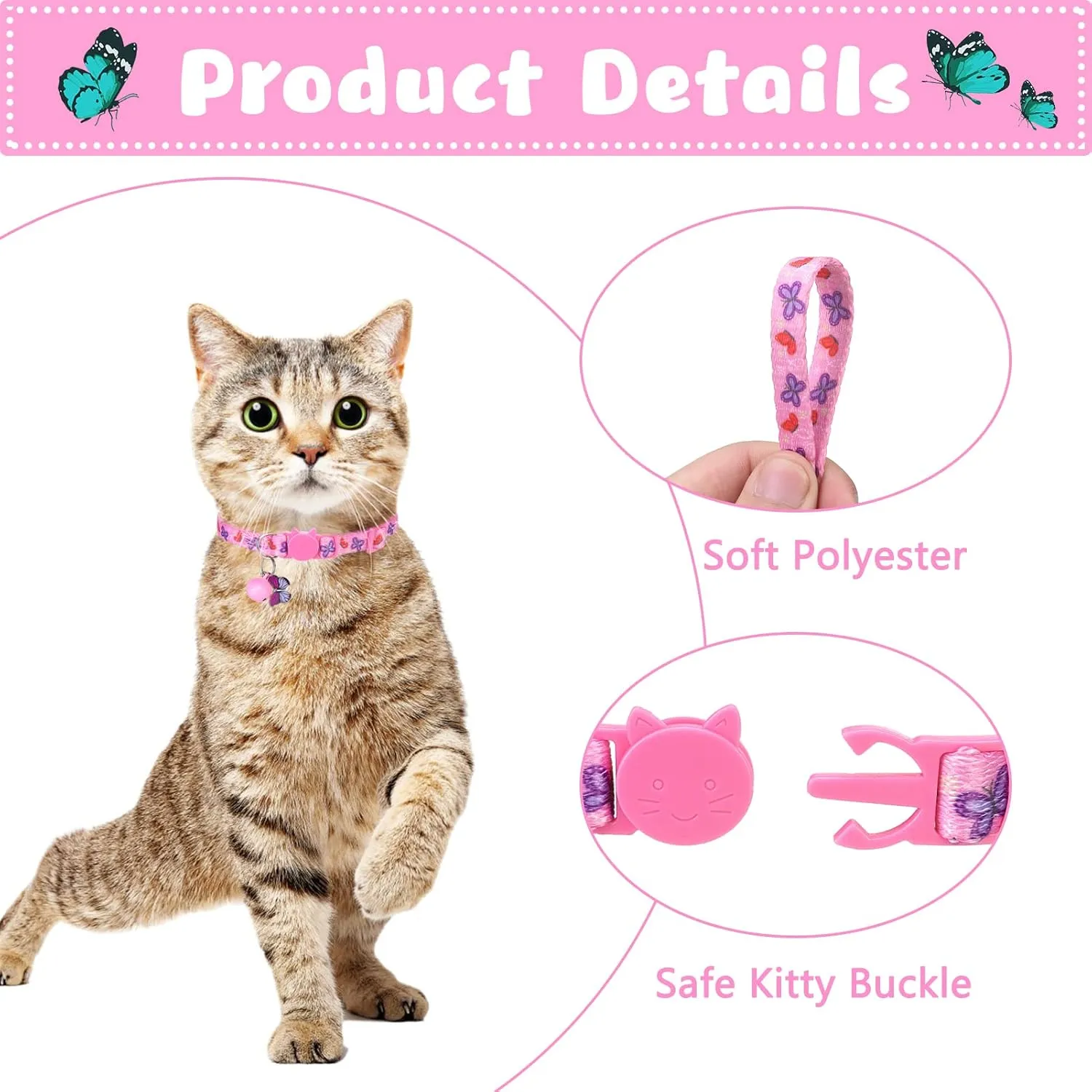 Breakaway Cat Collars with Bell & Cute Pendants, 3 Pack Safety Buckle Kitten Collars, Adjustable Pet Collar Ideal for Girl Boy Cats Puppy