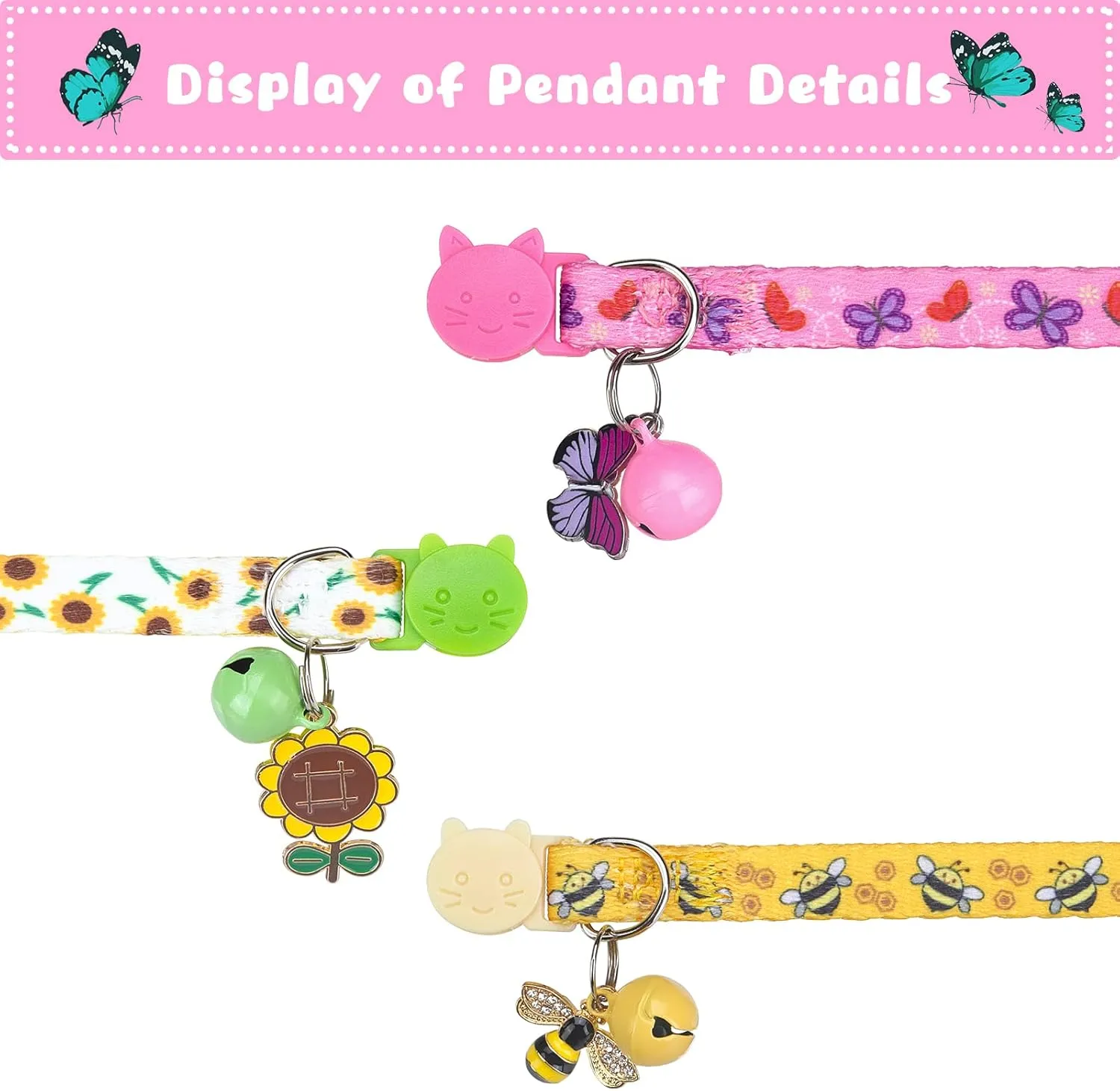 Breakaway Cat Collars with Bell & Cute Pendants, 3 Pack Safety Buckle Kitten Collars, Adjustable Pet Collar Ideal for Girl Boy Cats Puppy