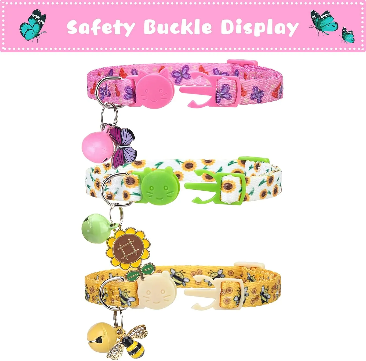Breakaway Cat Collars with Bell & Cute Pendants, 3 Pack Safety Buckle Kitten Collars, Adjustable Pet Collar Ideal for Girl Boy Cats Puppy