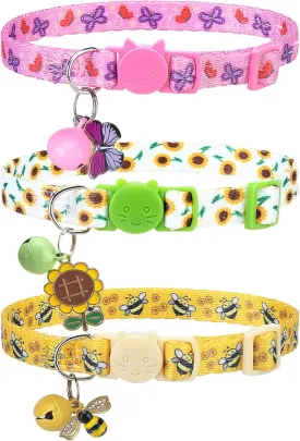 Breakaway Cat Collars with Bell & Cute Pendants, 3 Pack Safety Buckle Kitten Collars, Adjustable Pet Collar Ideal for Girl Boy Cats Puppy