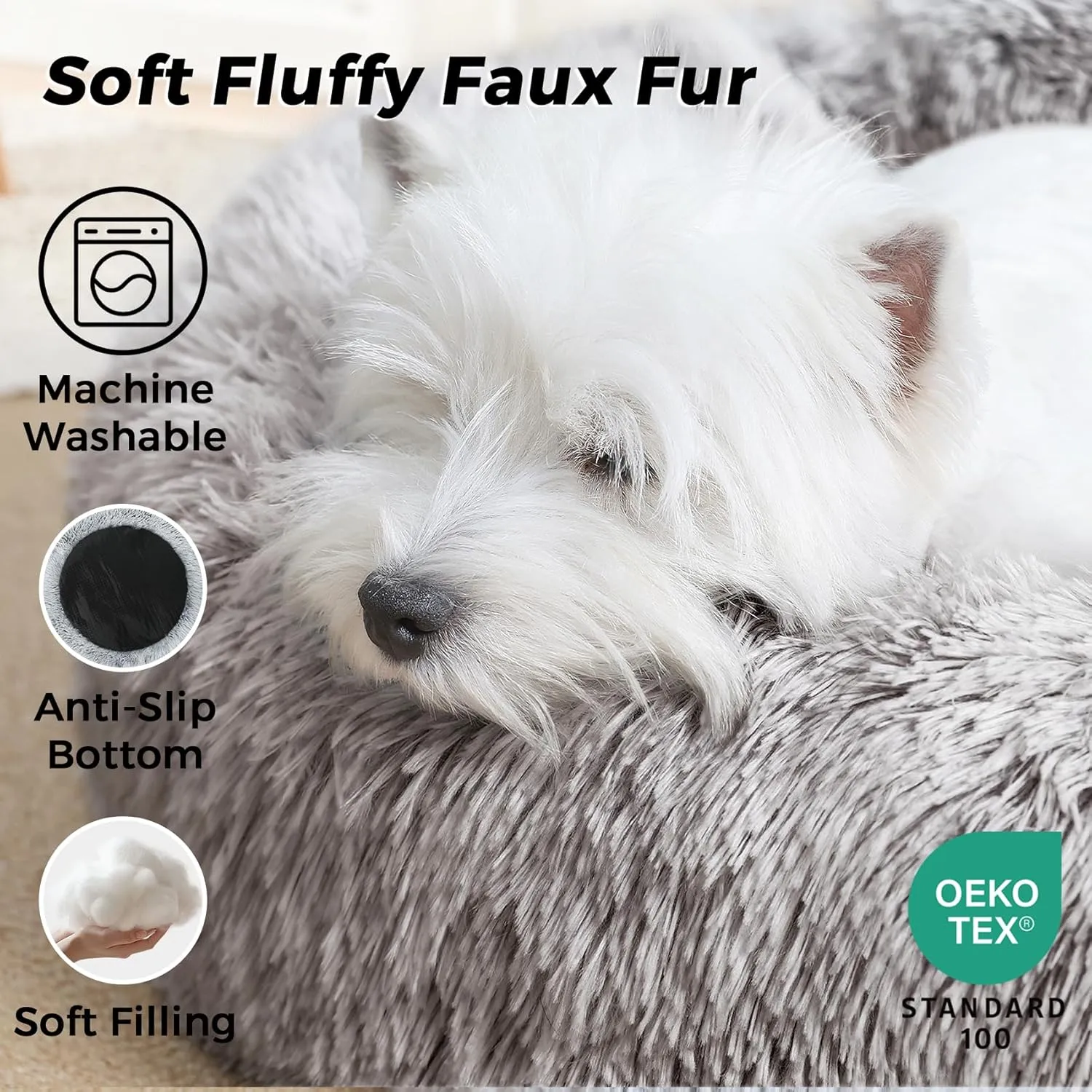 Calming Dog Bed & Cat Bed for Indoor Cats, Medium Size Washable Anti-Slip Anti-Anxiety Donut Dog Beds for Small Dogs & Cats, Fluffy Plush Cozy Round Dog Bed(20 Inch, Brown)