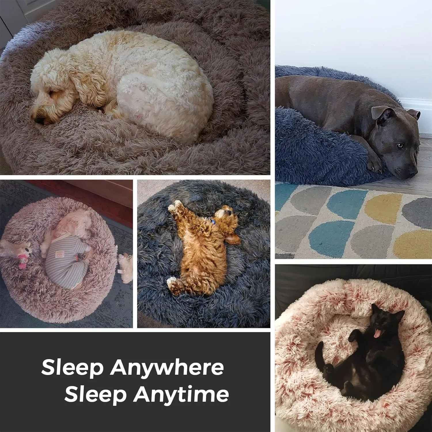 Calming Dog Bed & Cat Bed for Indoor Cats, Medium Size Washable Anti-Slip Anti-Anxiety Donut Dog Beds for Small Dogs & Cats, Fluffy Plush Cozy Round Dog Bed(20 Inch, Brown)