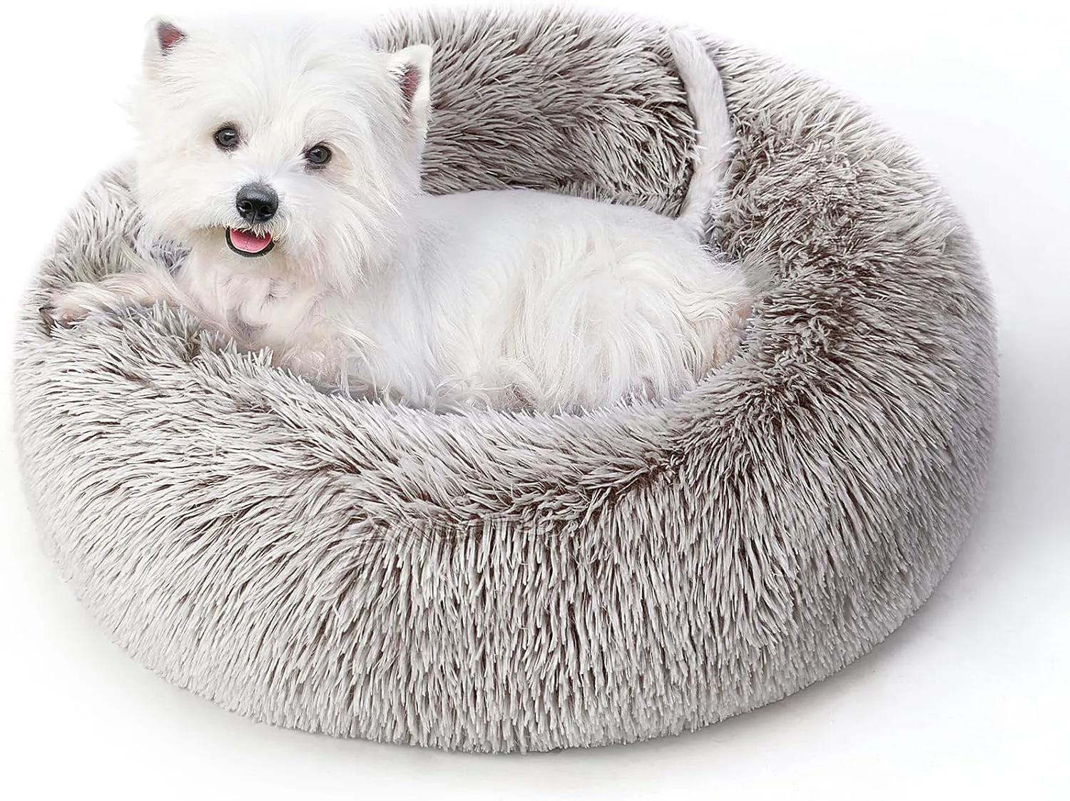Calming Dog Bed & Cat Bed for Indoor Cats, Medium Size Washable Anti-Slip Anti-Anxiety Donut Dog Beds for Small Dogs & Cats, Fluffy Plush Cozy Round Dog Bed(20 Inch, Brown)