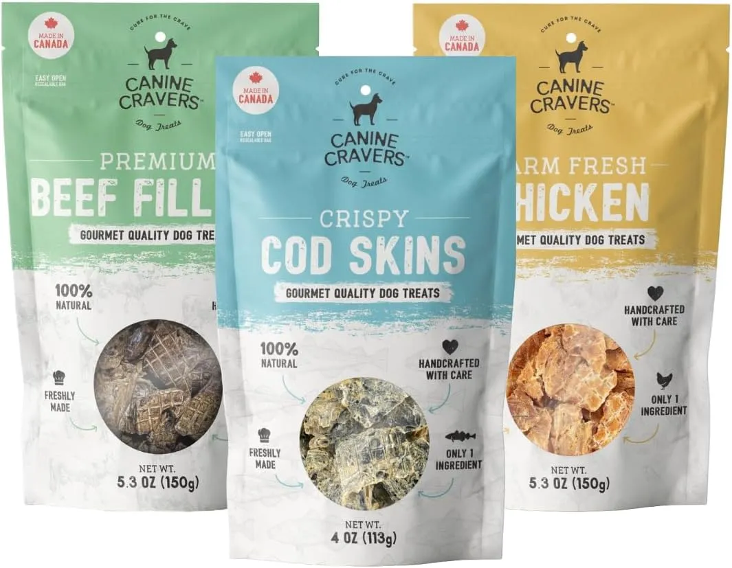 Canine Cravers Single Ingredient Dog Treats  Healthy and Nutritious Human Grade Air Dried Hypoallergenic Pet Food - Grain Free, Gluten Free and No Soy  100% All Natural Variety 3 Pack