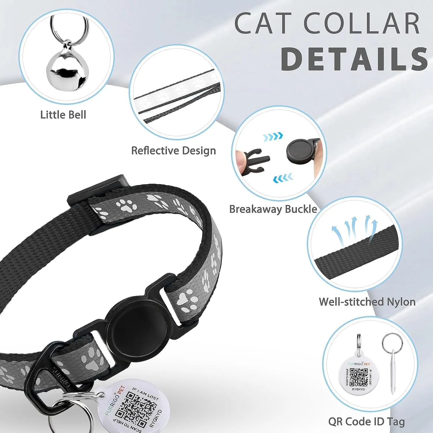 Cat Collar Breakaway with QR Code Name Tag, Reflective Kitten Collars with Bell, Cat ID Tag personalized, Ultra-Durable, Adjustable, Quick Release, Fits Most Girl Boy Small Large Cats (8''-13.3'')