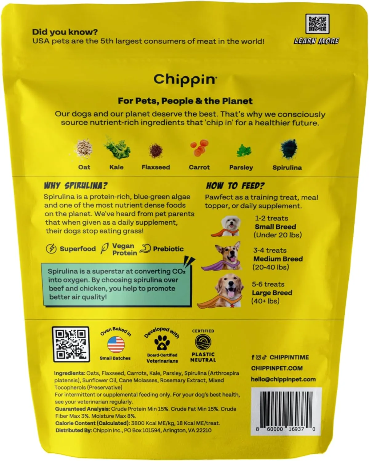 Chippin Dog Treats, Healthy Ingredients, Kale, Carrots, Spirulina, for Small, Medium, Large Dogs, Puppies, Seniors, Birthday Gift, Dog Training, Hypoallergenic, Made in USA, Training Treat
