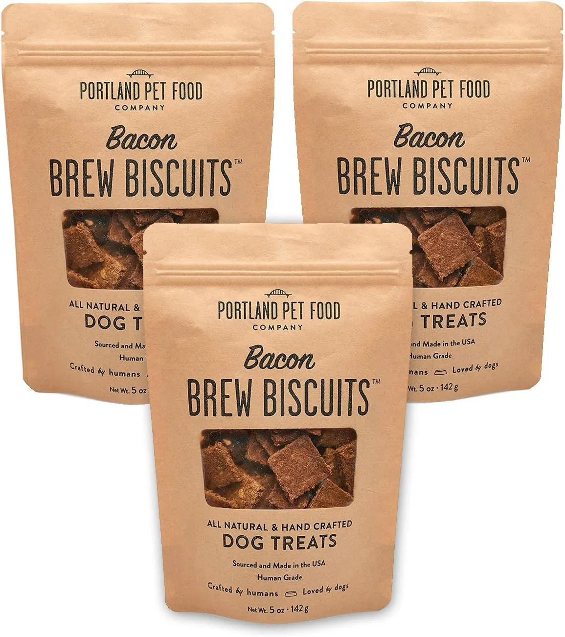 CRAFTED BY HUMANS LOVED BY DOGS Portland Pet Food Company Brew Biscuit Dog Treats (3 x 5 oz Bags Multipack)  Bacon Flavor All Natural, Human-Grade, USA-Sourced and Made