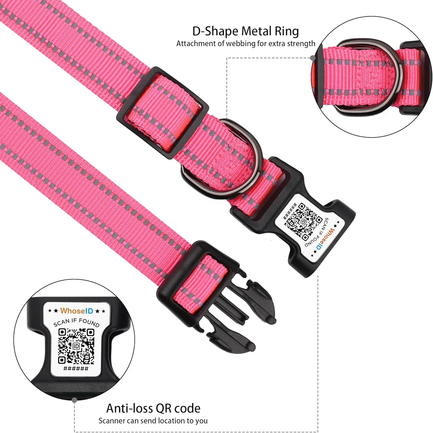 Dog Collar with QR Code, Reflective Dog Collar, Soft Neoprene Padded & Safety Locking Buckle Adjustable Pet Collar (Rose, L-with Airtag Holder)