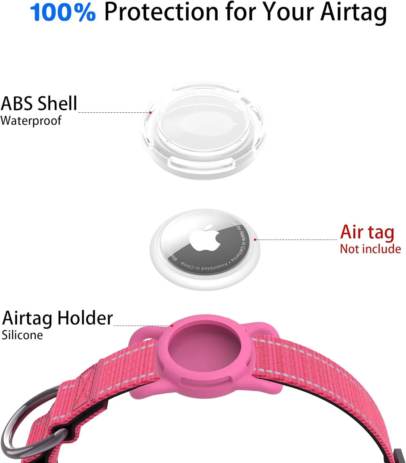 Dog Collar with QR Code, Reflective Dog Collar, Soft Neoprene Padded & Safety Locking Buckle Adjustable Pet Collar (Rose, L-with Airtag Holder)