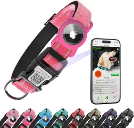 Dog Collar with QR Code, Reflective Dog Collar, Soft Neoprene Padded & Safety Locking Buckle Adjustable Pet Collar (Rose, L-with Airtag Holder)