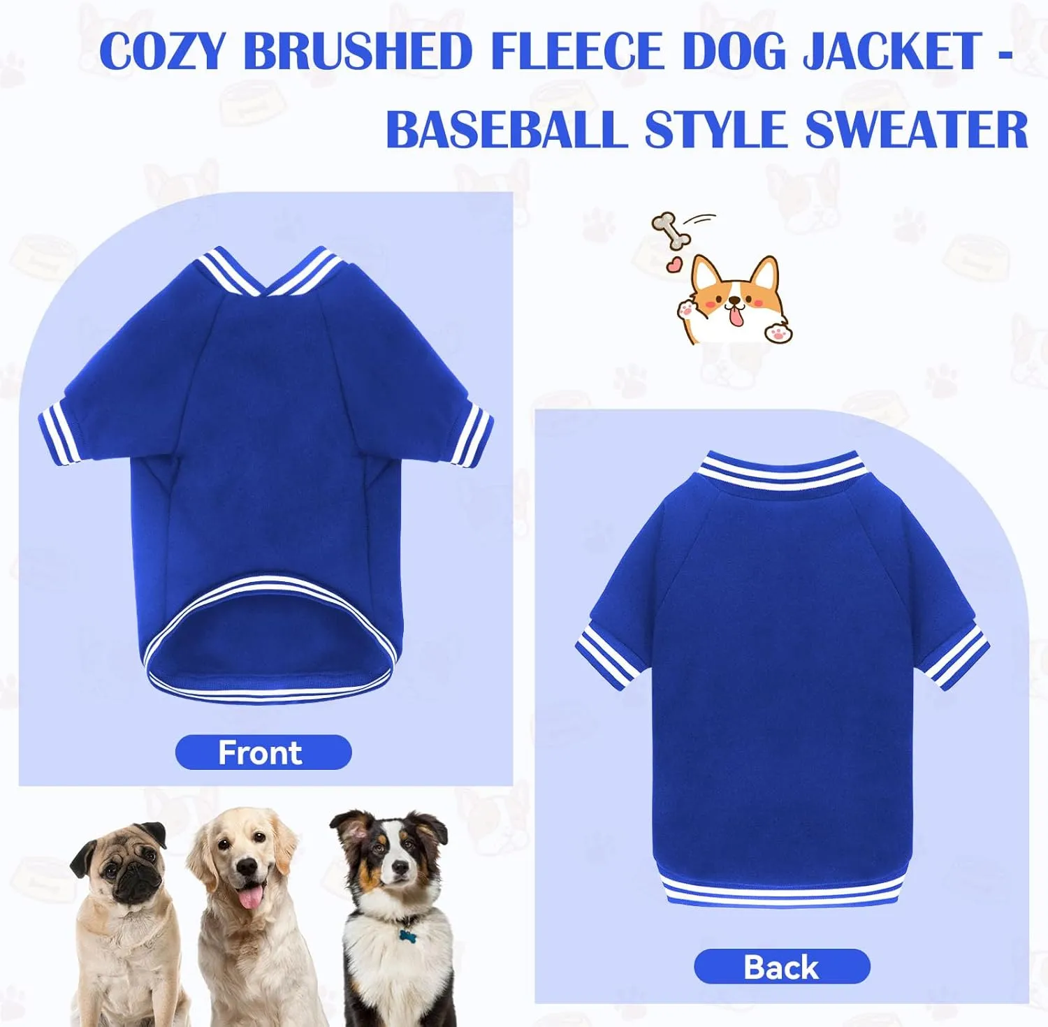 Dog Sweater Dog Clothes Brushed Fleece Baseball Jacket Soft Warm Dog Sweatshirt Dog Sweaters for Small Dogs Puppy Sweater Boy Girl Pet(Blue-XS)