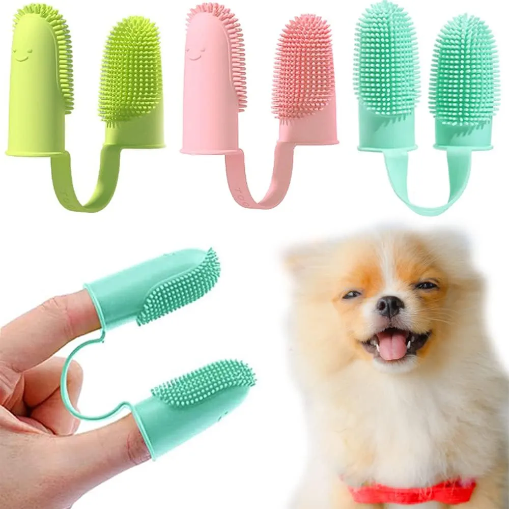 Dog Toothbrush Kit,3 Pack Dogs Finger Tooth Brush,Dental Care,Tow-Finger Teeth Brushing for Cat,Puppy, Small Pet,Food Grade Silicone Easy Cleaning Brushes for Cats and Large Pets