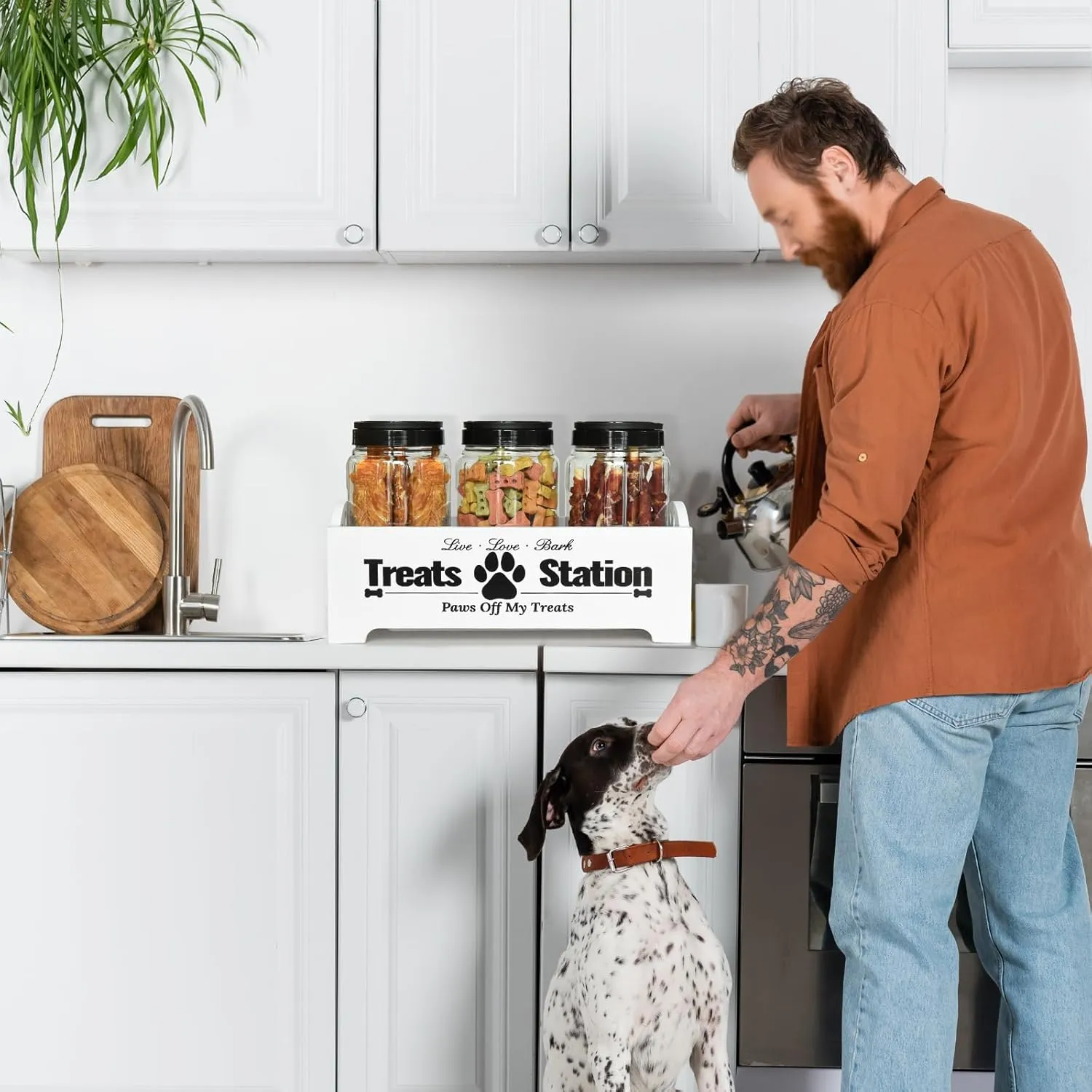 Dog Treat Container Dog Food Container for Dog Food Storage, Farmhouse Cat Food Container Pet Food Storage Organizer, Wood Dog Treat Holder with 3 Plastic Cat Dog Treat Jars, White Cat Treat Container