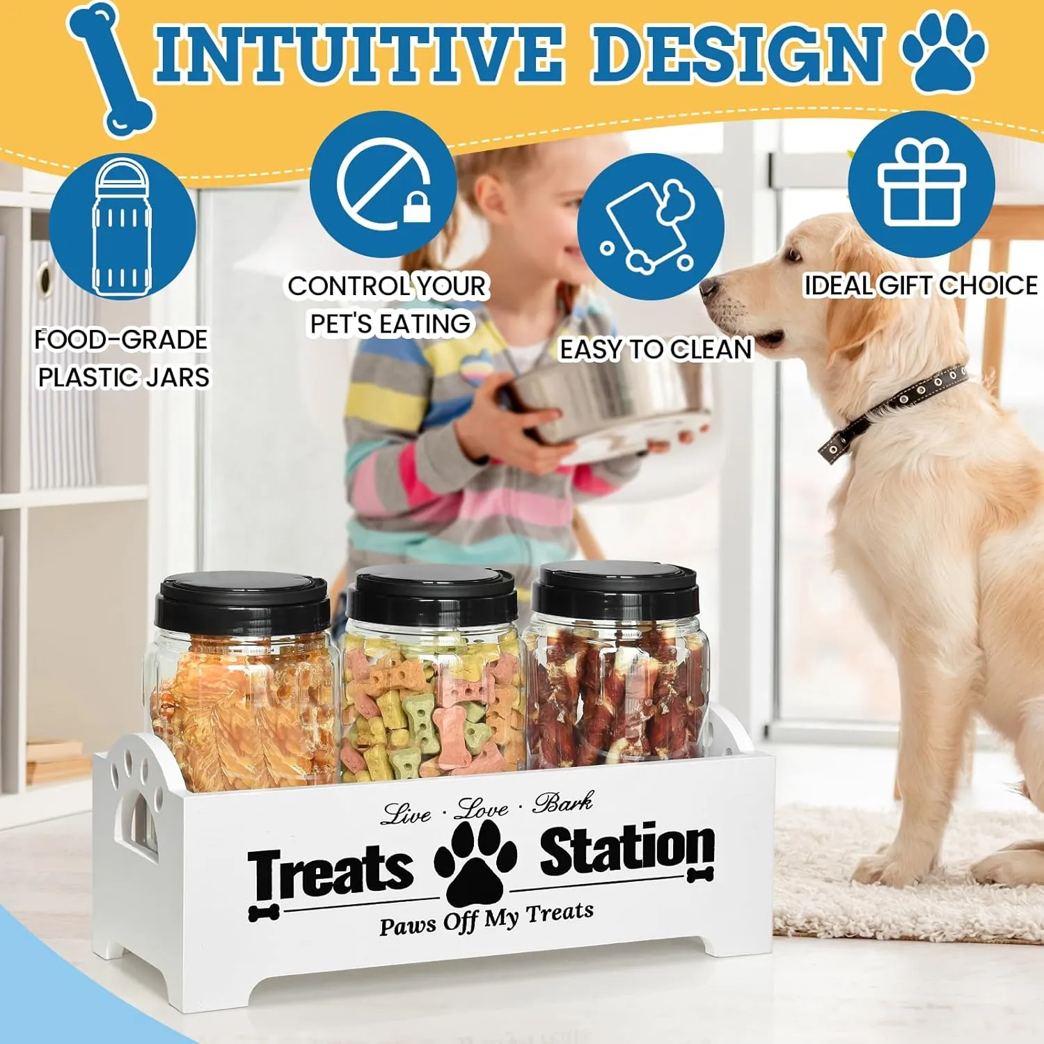 Dog Treat Container Dog Food Container for Dog Food Storage, Farmhouse Cat Food Container Pet Food Storage Organizer, Wood Dog Treat Holder with 3 Plastic Cat Dog Treat Jars, White Cat Treat Container