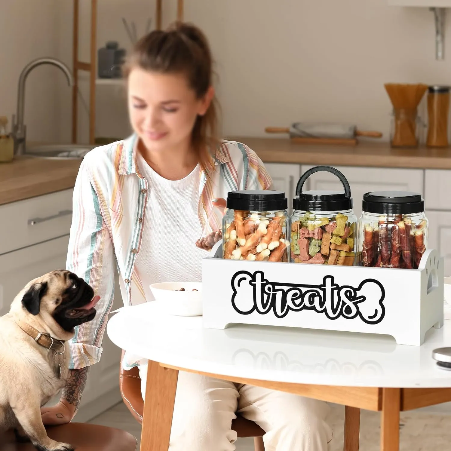 Dog Treat Container Dog Food Container for Dog Food Storage, Farmhouse Cat Food Container Pet Food Storage Organizer, Wood Dog Treat Holder with 3 Plastic Cat Dog Treat Jars, White Cat Treat Container