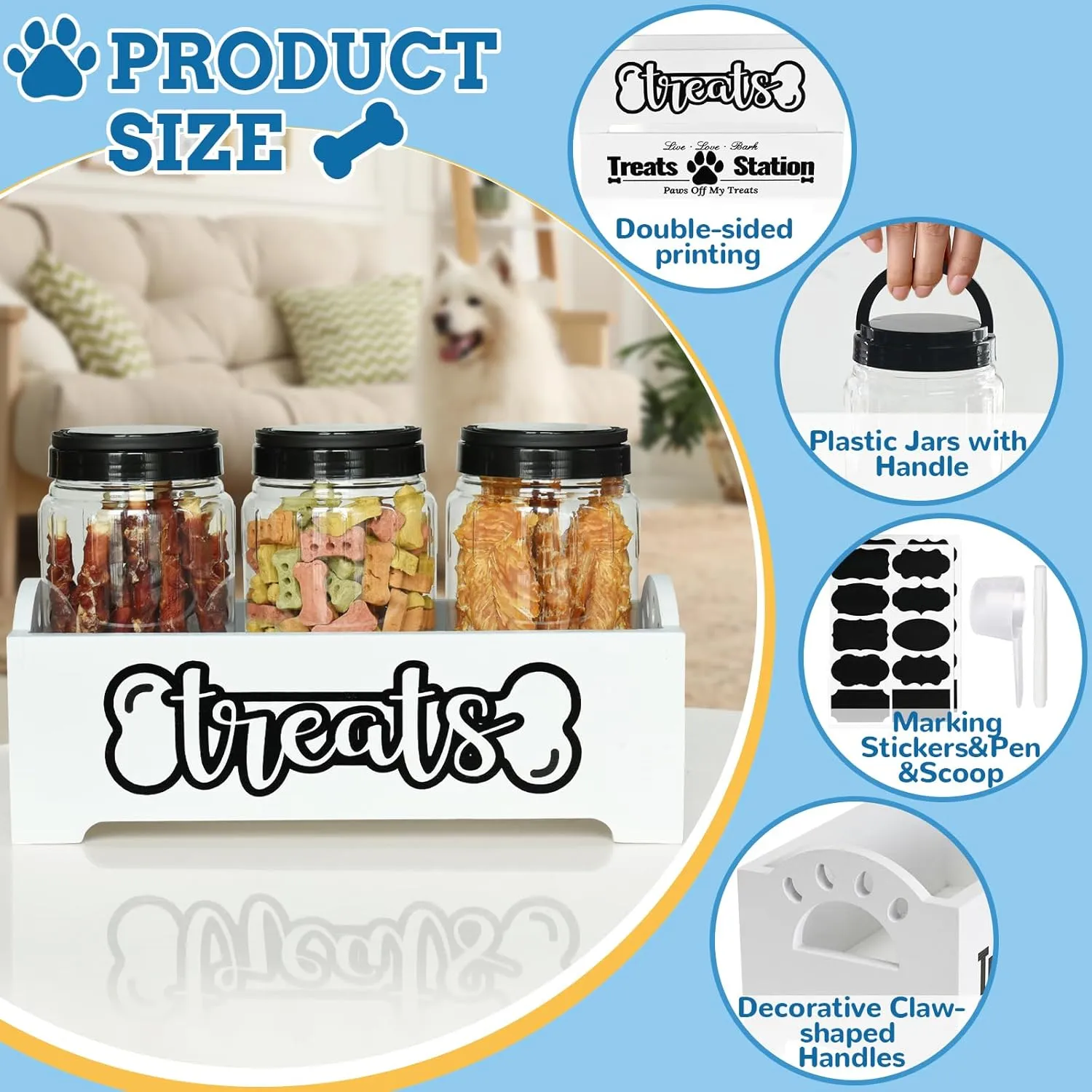 Dog Treat Container Dog Food Container for Dog Food Storage, Farmhouse Cat Food Container Pet Food Storage Organizer, Wood Dog Treat Holder with 3 Plastic Cat Dog Treat Jars, White Cat Treat Container