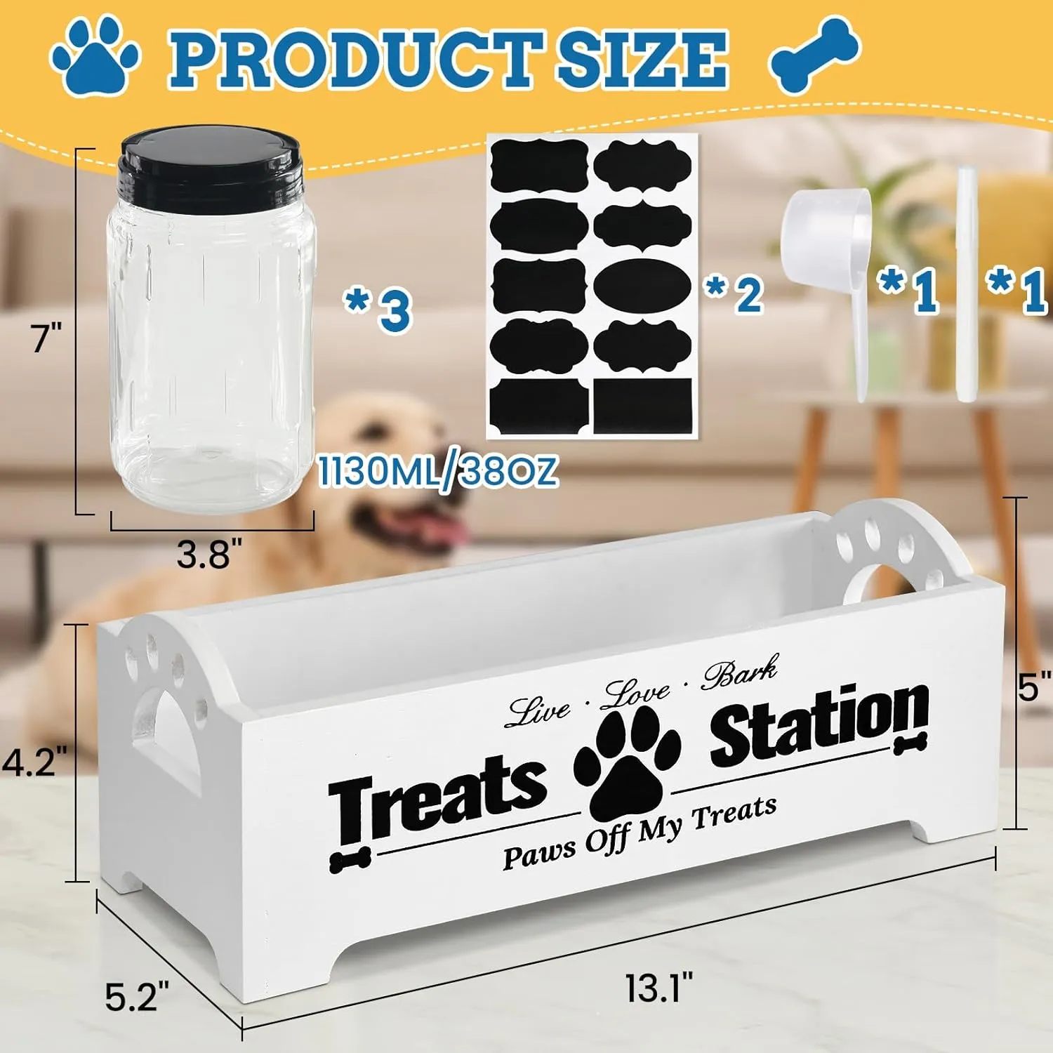 Dog Treat Container Dog Food Container for Dog Food Storage, Farmhouse Cat Food Container Pet Food Storage Organizer, Wood Dog Treat Holder with 3 Plastic Cat Dog Treat Jars, White Cat Treat Container