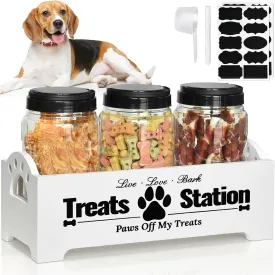 Dog Treat Container Dog Food Container for Dog Food Storage, Farmhouse Cat Food Container Pet Food Storage Organizer, Wood Dog Treat Holder with 3 Plastic Cat Dog Treat Jars, White Cat Treat Container